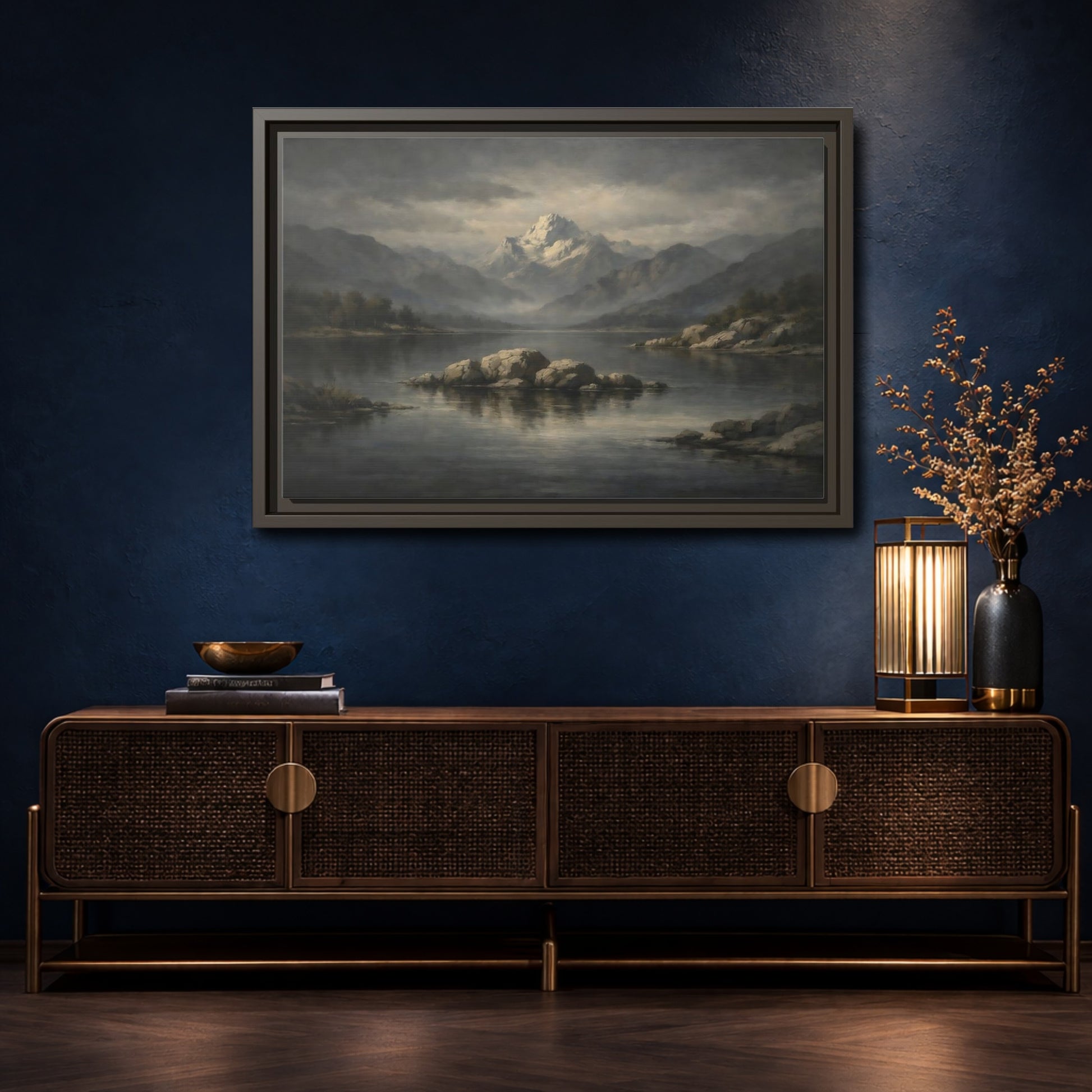Mockup 4. Nature Mountain Lake Grey And Blue Landscape shown as stretched canvas wall art