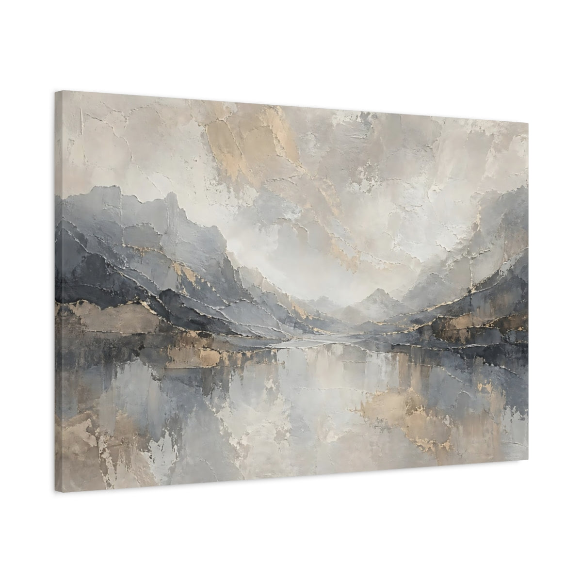 Main Mockup. Nature Mountain Lake Grey And Gold shown as stretched canvas wall art