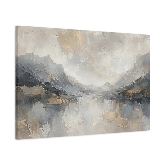 Main Mockup. Nature Mountain Lake Grey And Gold shown as stretched canvas wall art