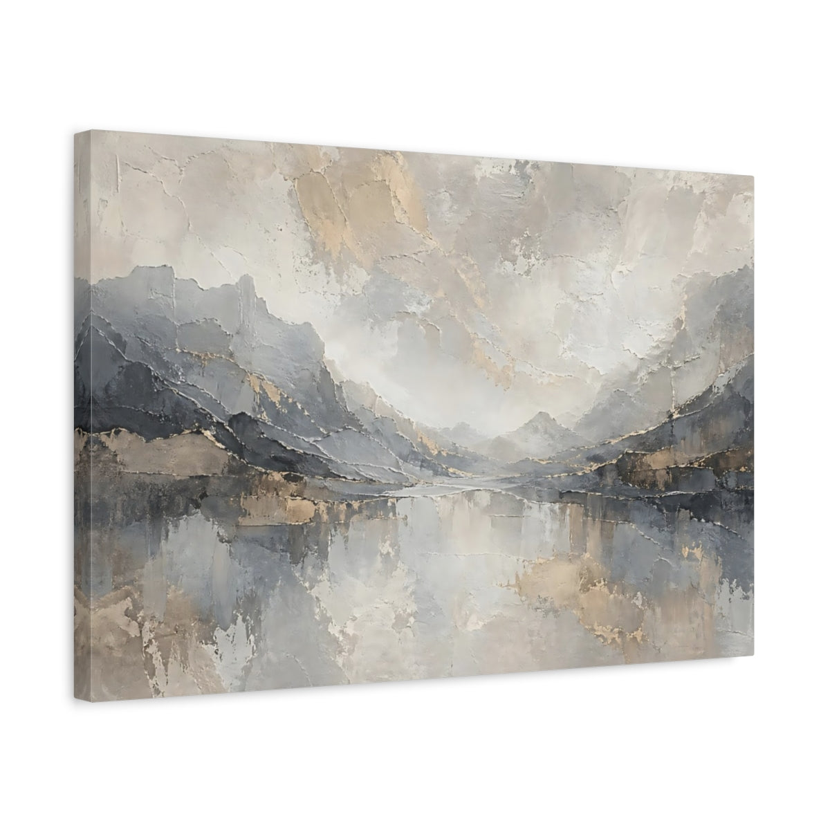 Side Mockup 3. Nature Mountain Lake Grey And Gold shown as stretched canvas wall art