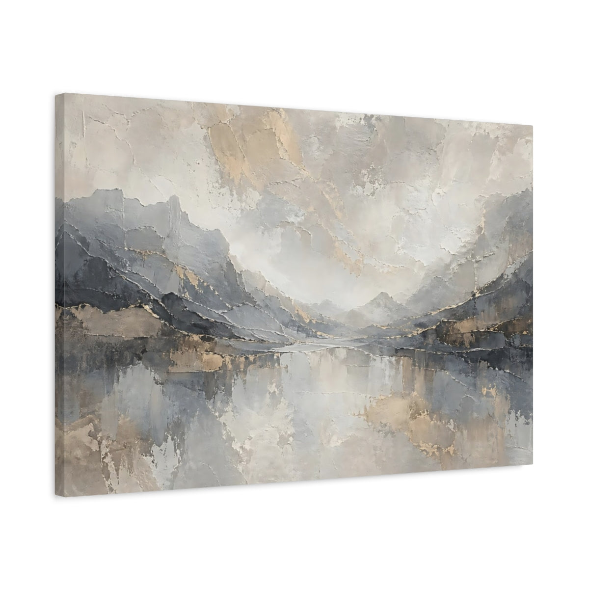 Side Mockup 2. Nature Mountain Lake Grey And Gold shown as stretched canvas wall art