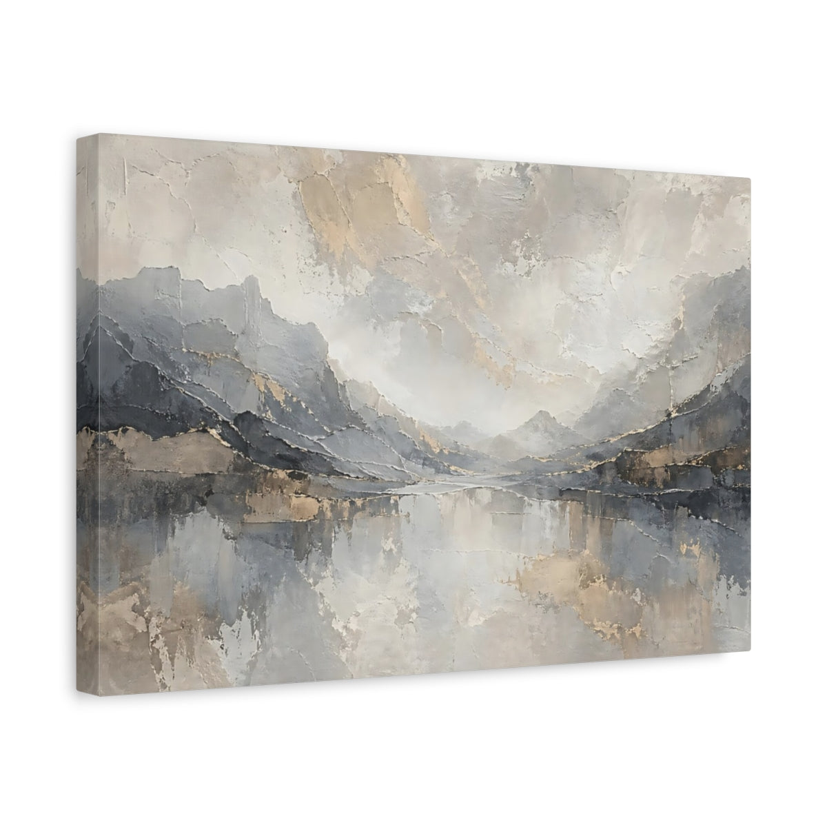Side Mockup 4. Nature Mountain Lake Grey And Gold shown as stretched canvas wall art