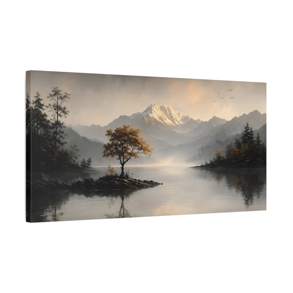 Side Mockup 1. Nature Mountain Lake Grey And Gold Landscape shown as stretched canvas wall art
