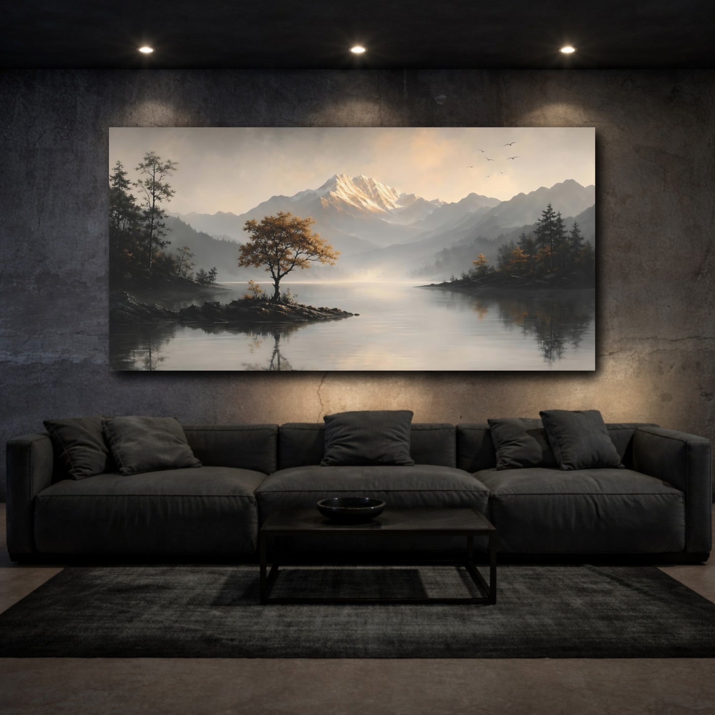 Mockup 2. Nature Mountain Lake Grey And Gold Landscape shown as stretched canvas wall art