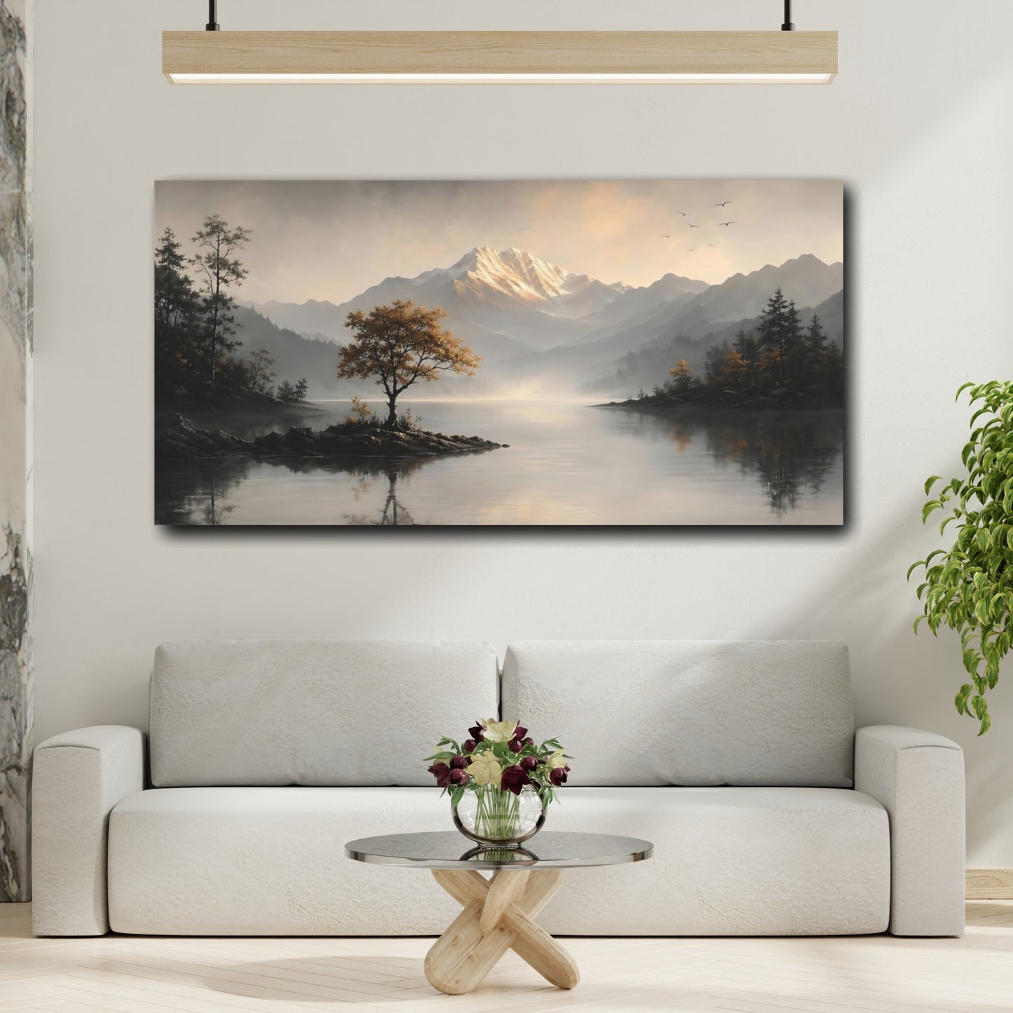 Mockup 3. Nature Mountain Lake Grey And Gold Landscape shown as stretched canvas wall art