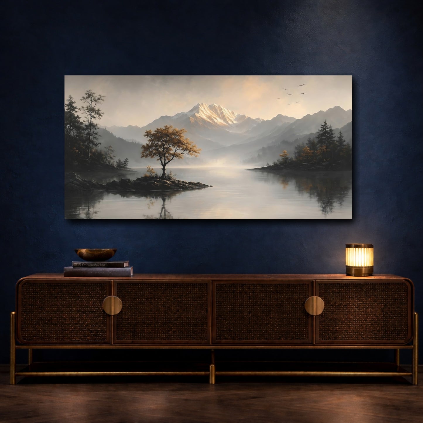Mockup 4. Nature Mountain Lake Grey And Gold Landscape shown as stretched canvas wall art