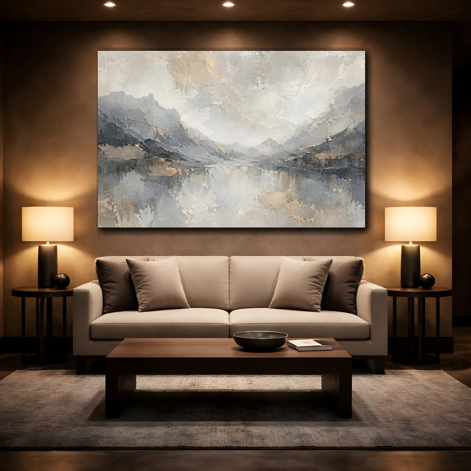 Mockup 2. Nature Mountain Lake Grey And Gold shown as stretched canvas wall art