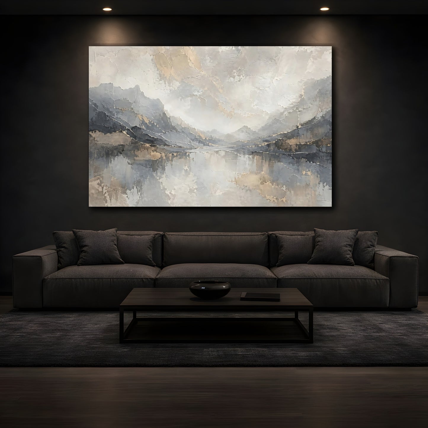 Mockup 3. Nature Mountain Lake Grey And Gold shown as stretched canvas wall art