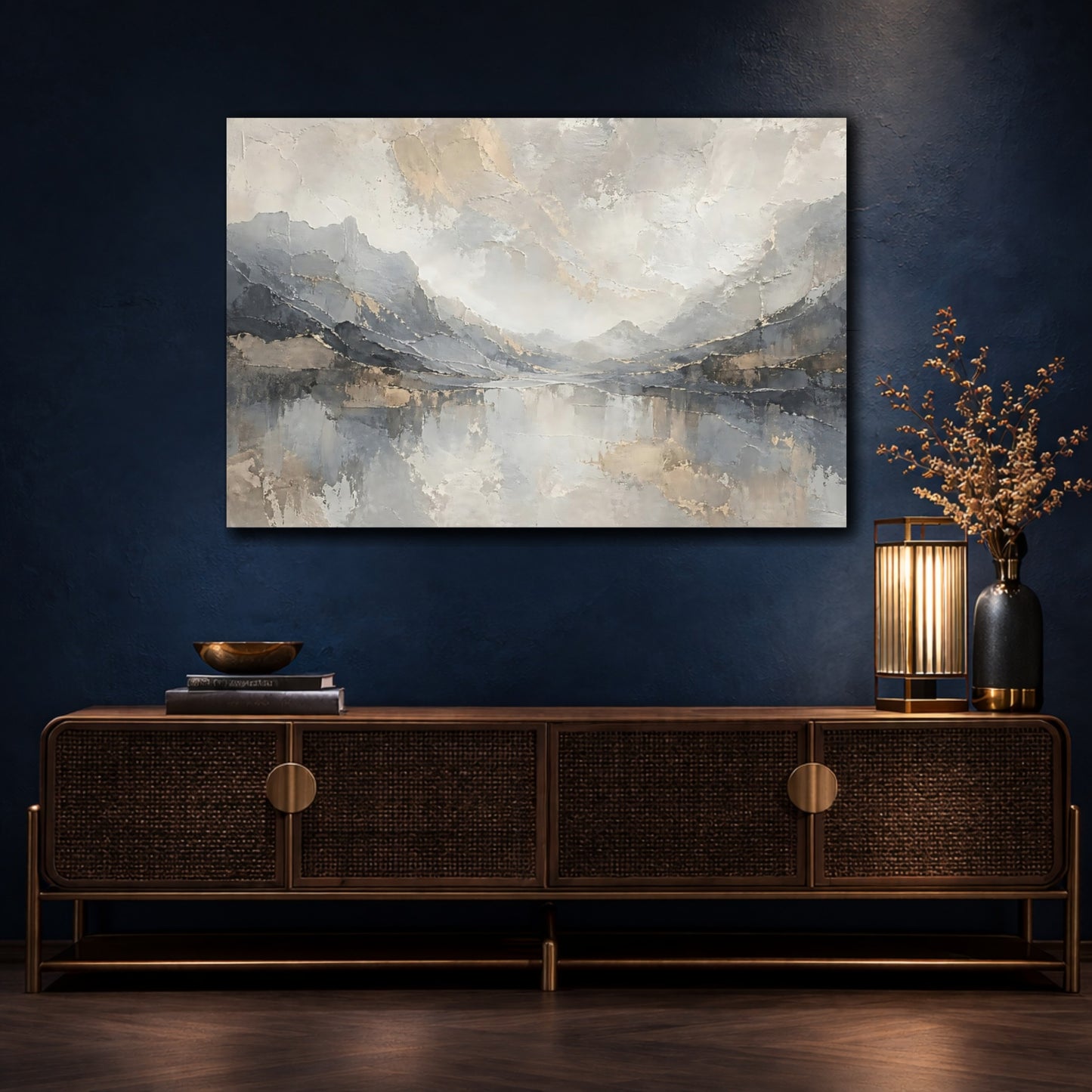 Mockup 4. Nature Mountain Lake Grey And Gold shown as stretched canvas wall art