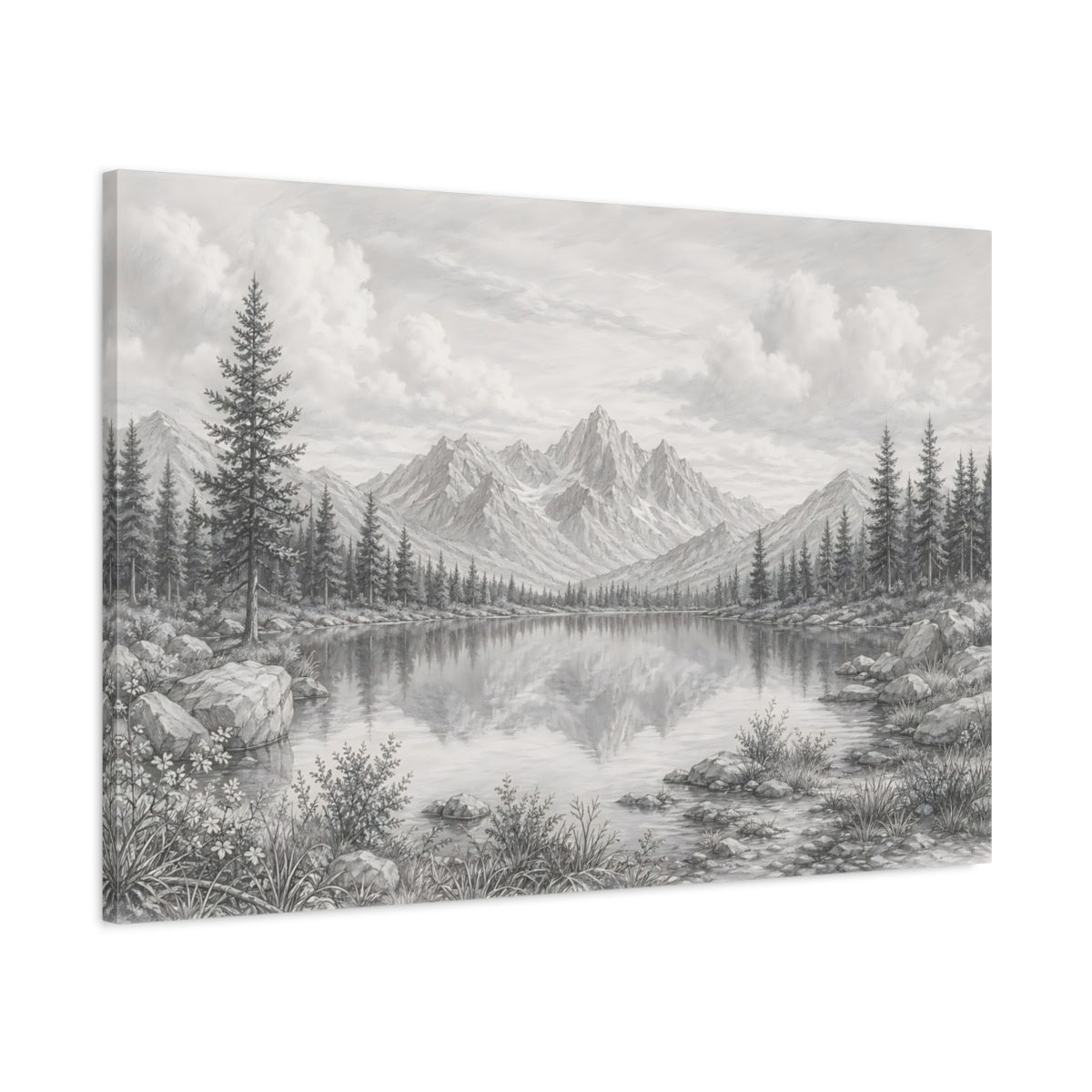 Main Mockup. Nature Mountain Lake Grey Scale shown as stretched canvas wall art