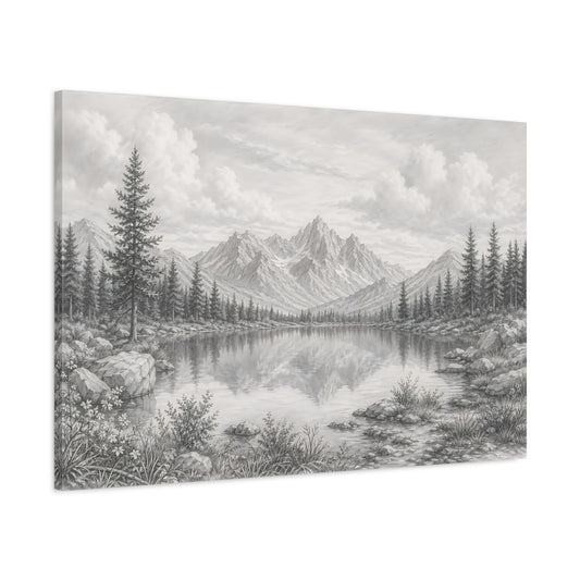 Main Mockup. Nature Mountain Lake Grey Scale shown as stretched canvas wall art