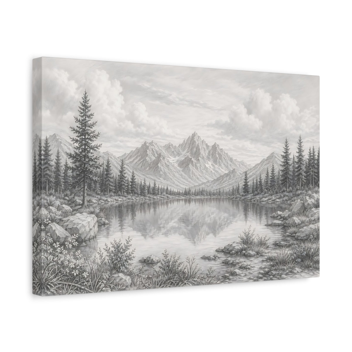 Side Mockup 4. Nature Mountain Lake Grey Scale shown as stretched canvas wall art