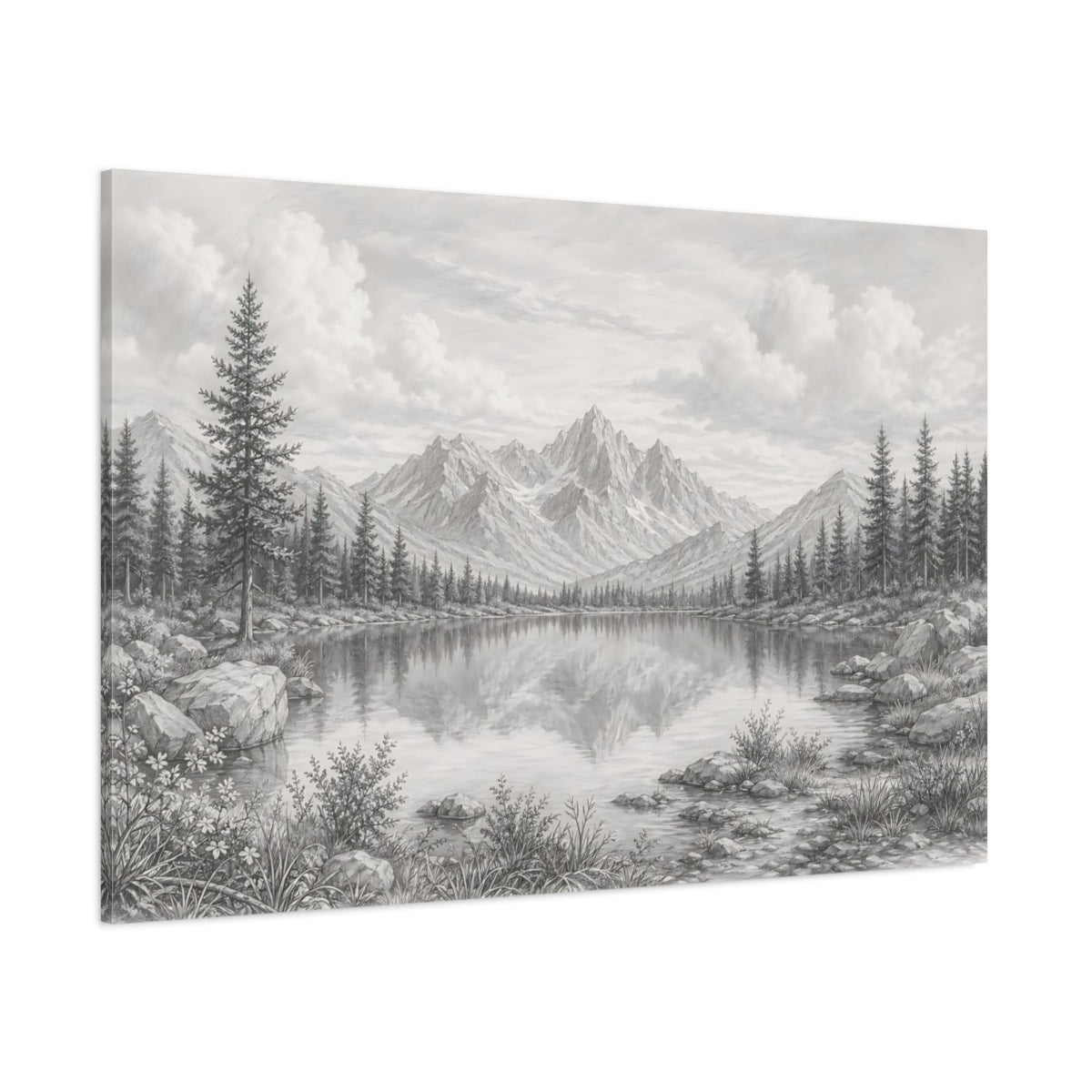Side Mockup 1. Nature Mountain Lake Grey Scale shown as stretched canvas wall art