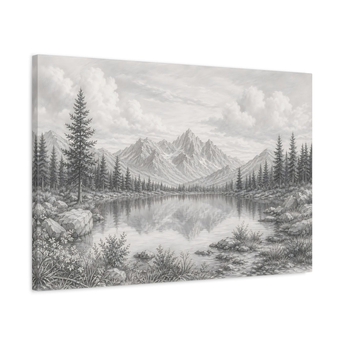 Side Mockup 2. Nature Mountain Lake Grey Scale shown as stretched canvas wall art