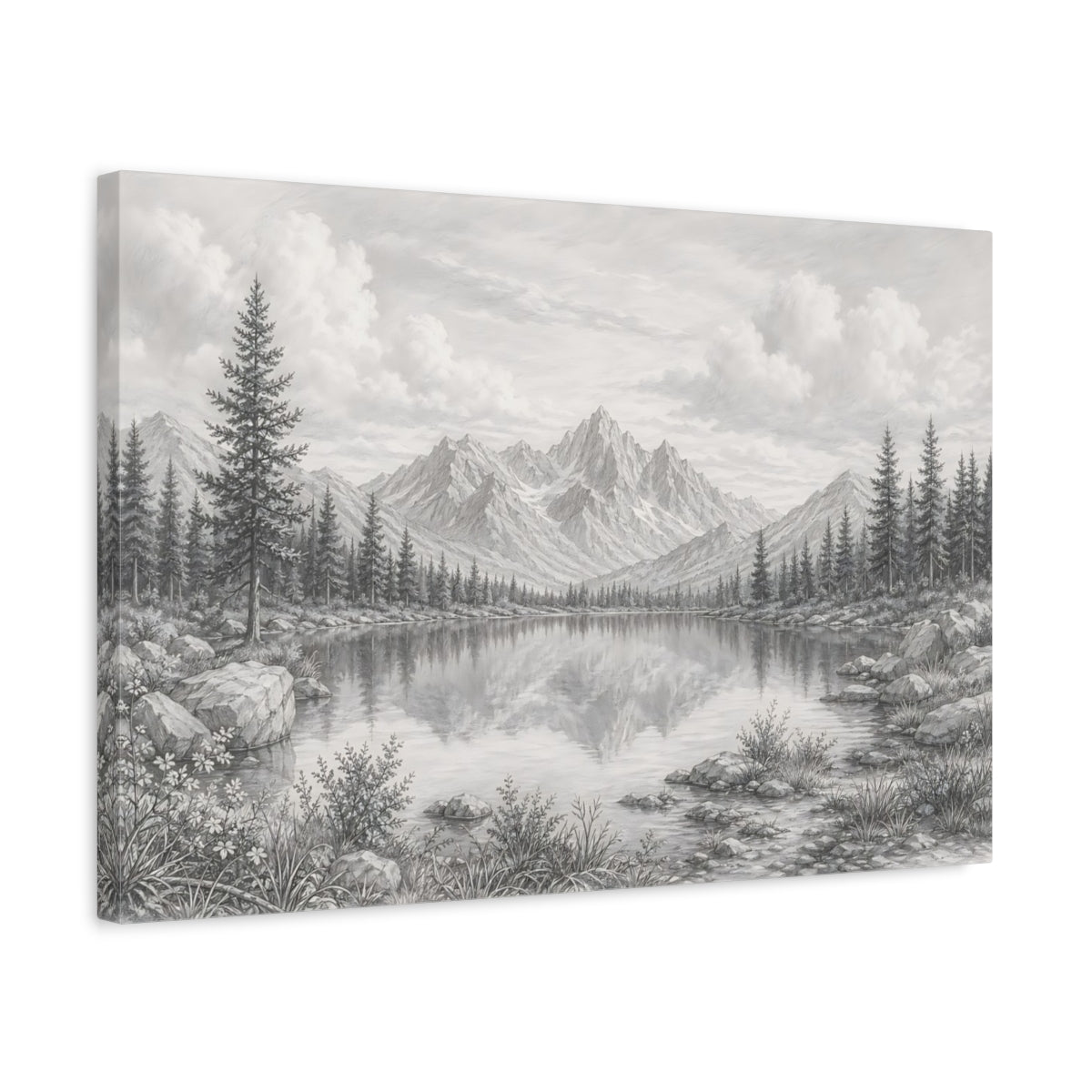 Side Mockup 3. Nature Mountain Lake Grey Scale shown as stretched canvas wall art