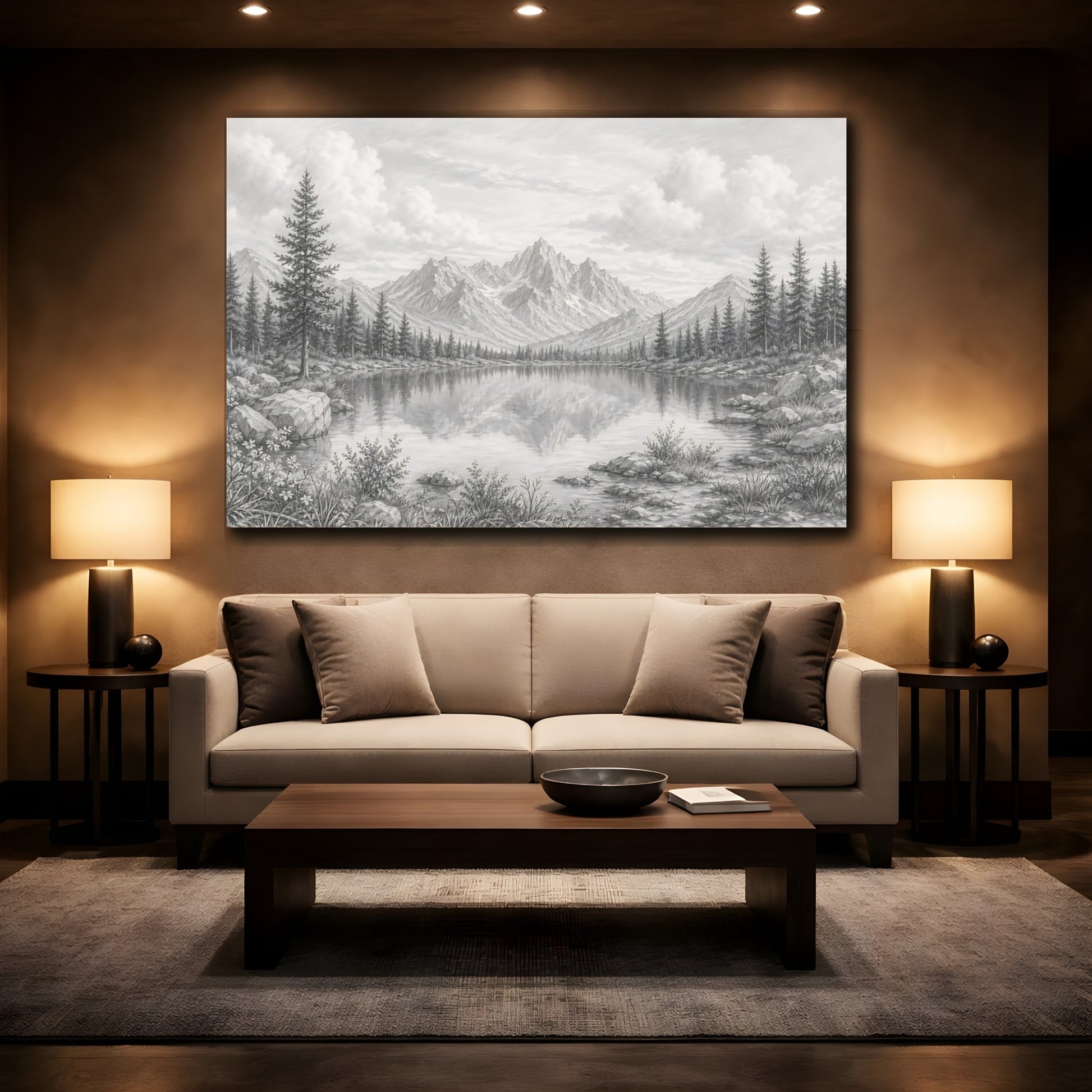 Mockup 2. Nature Mountain Lake Grey Scale shown as stretched canvas wall art