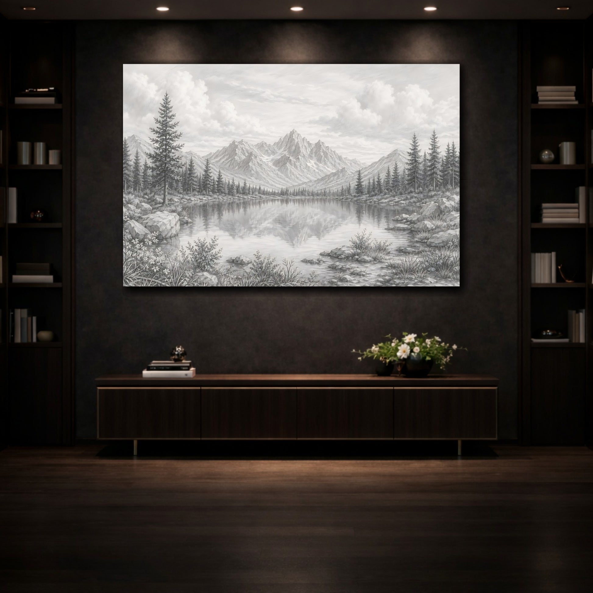 Mockup 3. Nature Mountain Lake Grey Scale shown as stretched canvas wall art