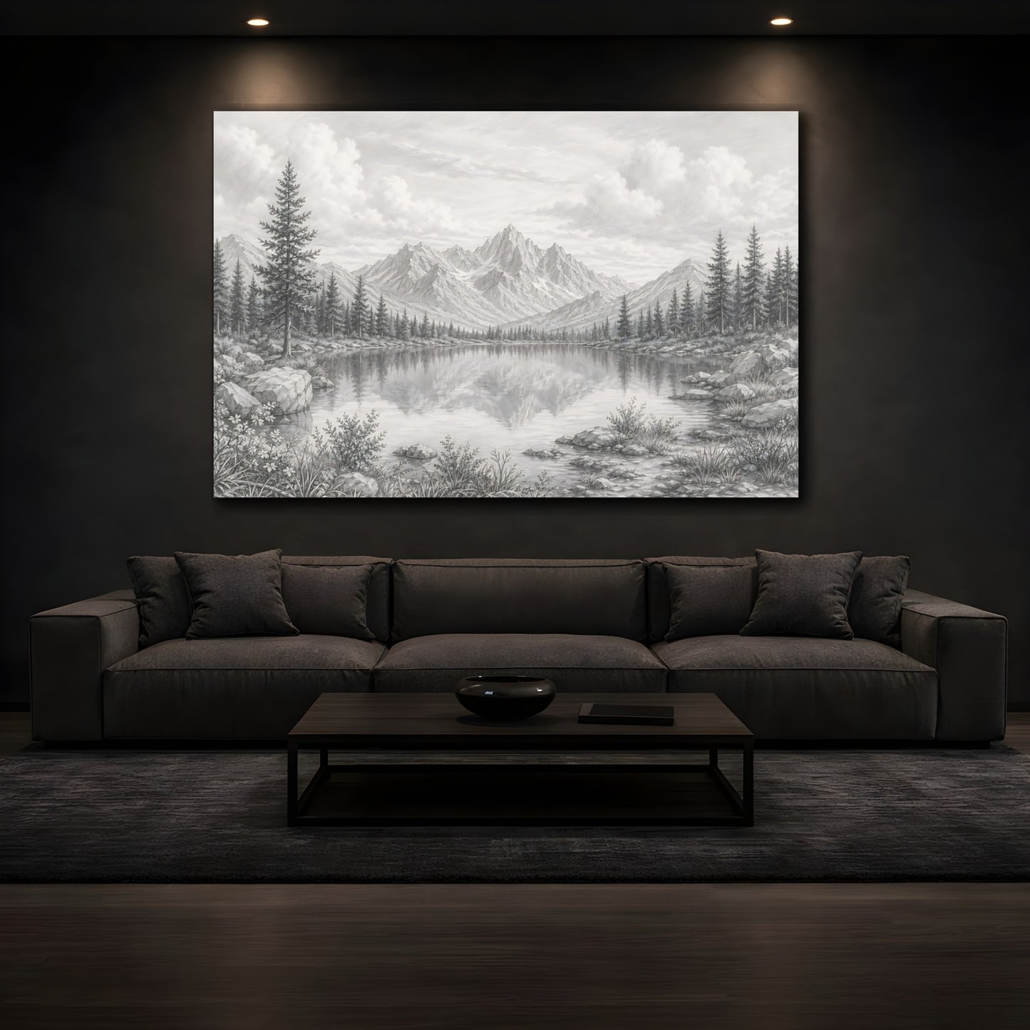 Mockup 4. Nature Mountain Lake Grey Scale shown as stretched canvas wall art