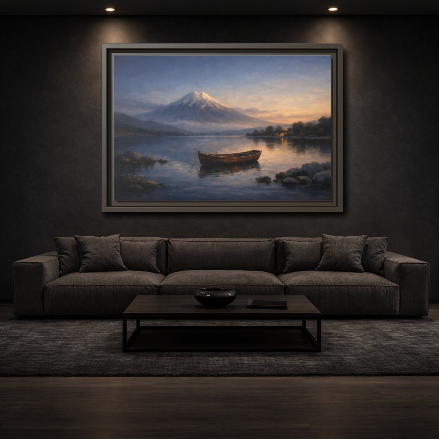 Mockup 2. Nature Mountain Lake Lake Mountain Sunset shown as stretched canvas wall art