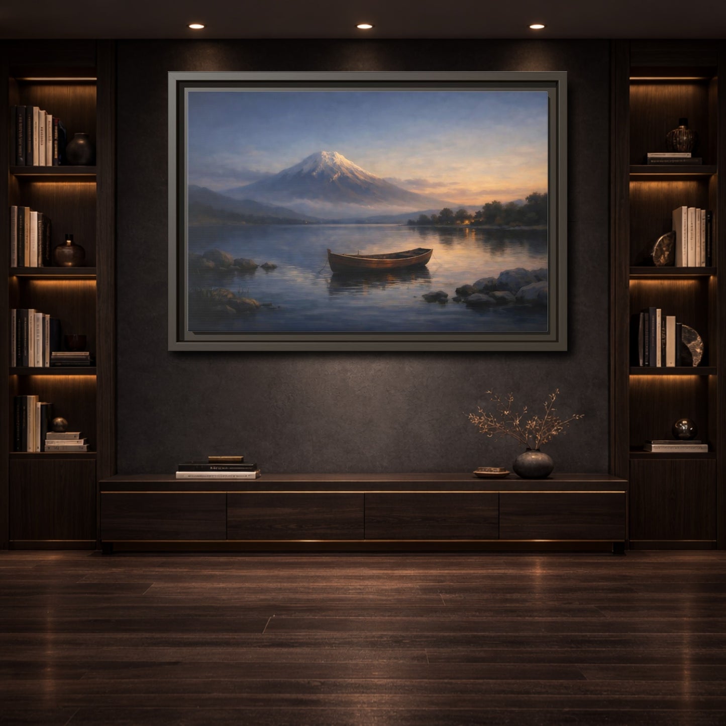Mockup 3. Nature Mountain Lake Lake Mountain Sunset shown as stretched canvas wall art
