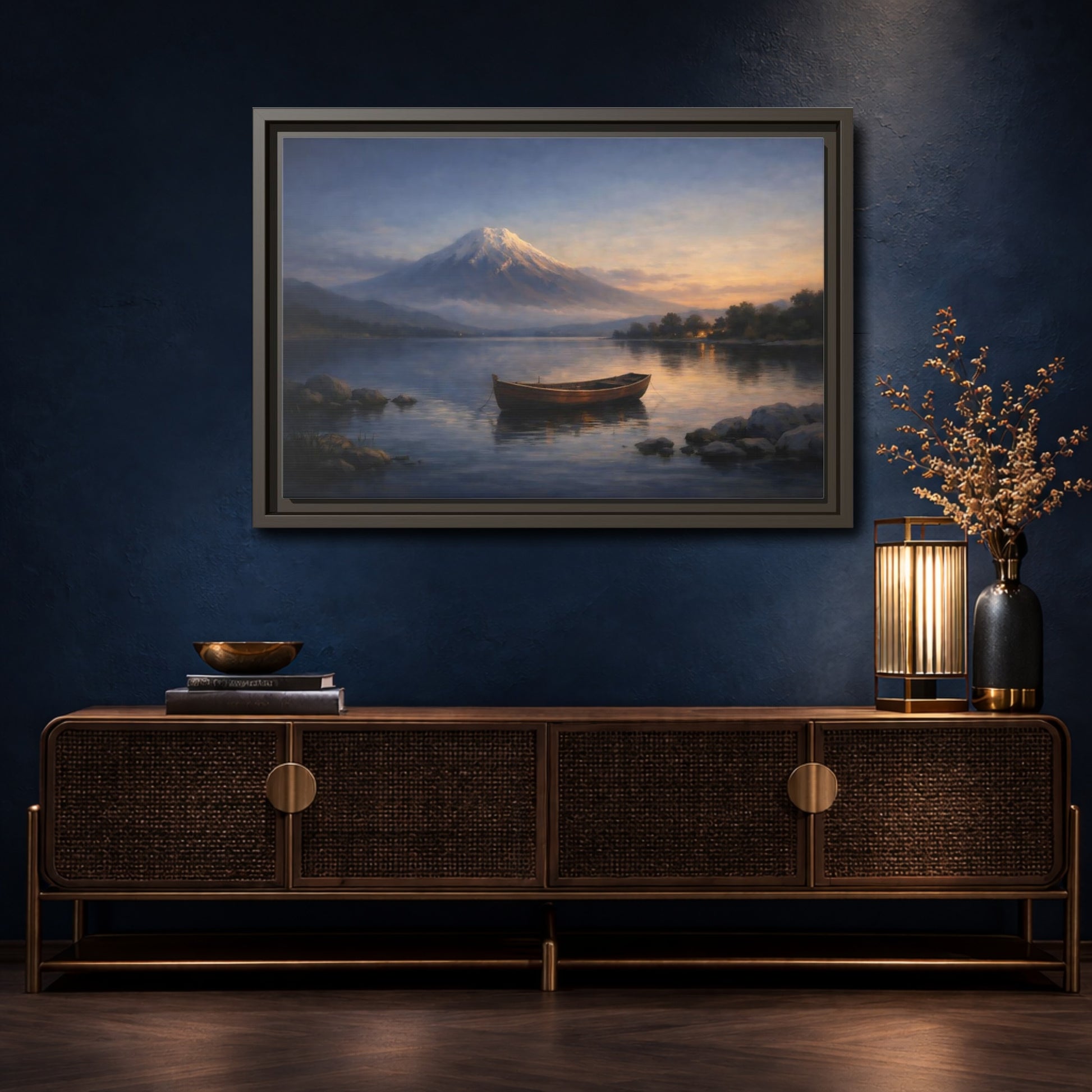 Mockup 4. Nature Mountain Lake Lake Mountain Sunset shown as stretched canvas wall art