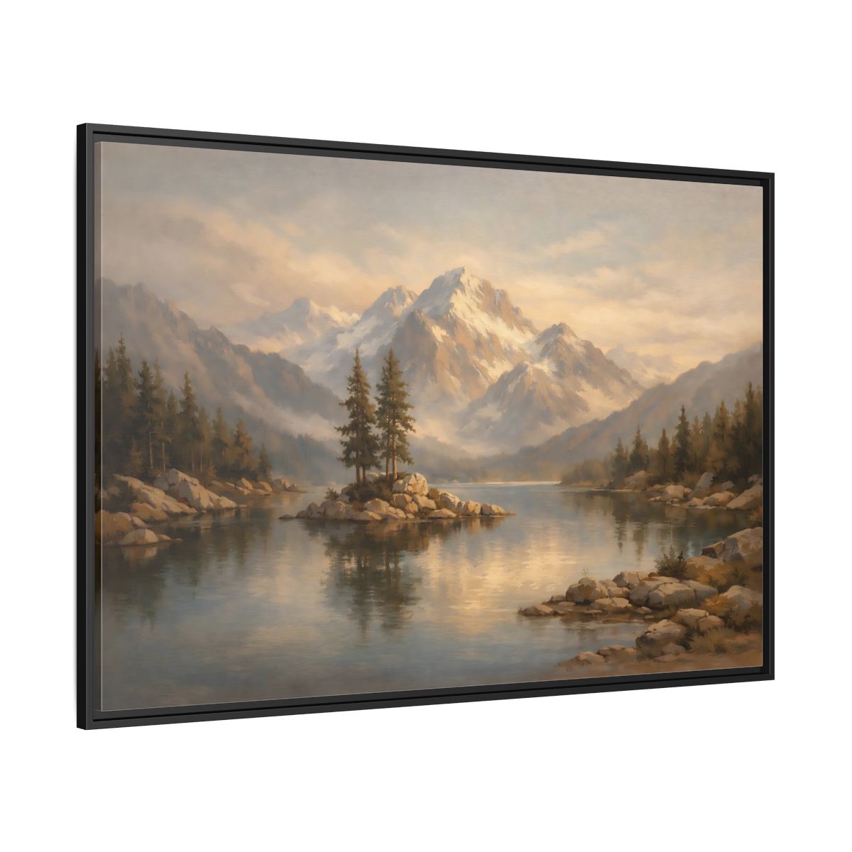 Side Mockup 12. Nature Mountain Lake Mountain Lake Landscape shown as stretched canvas wall art