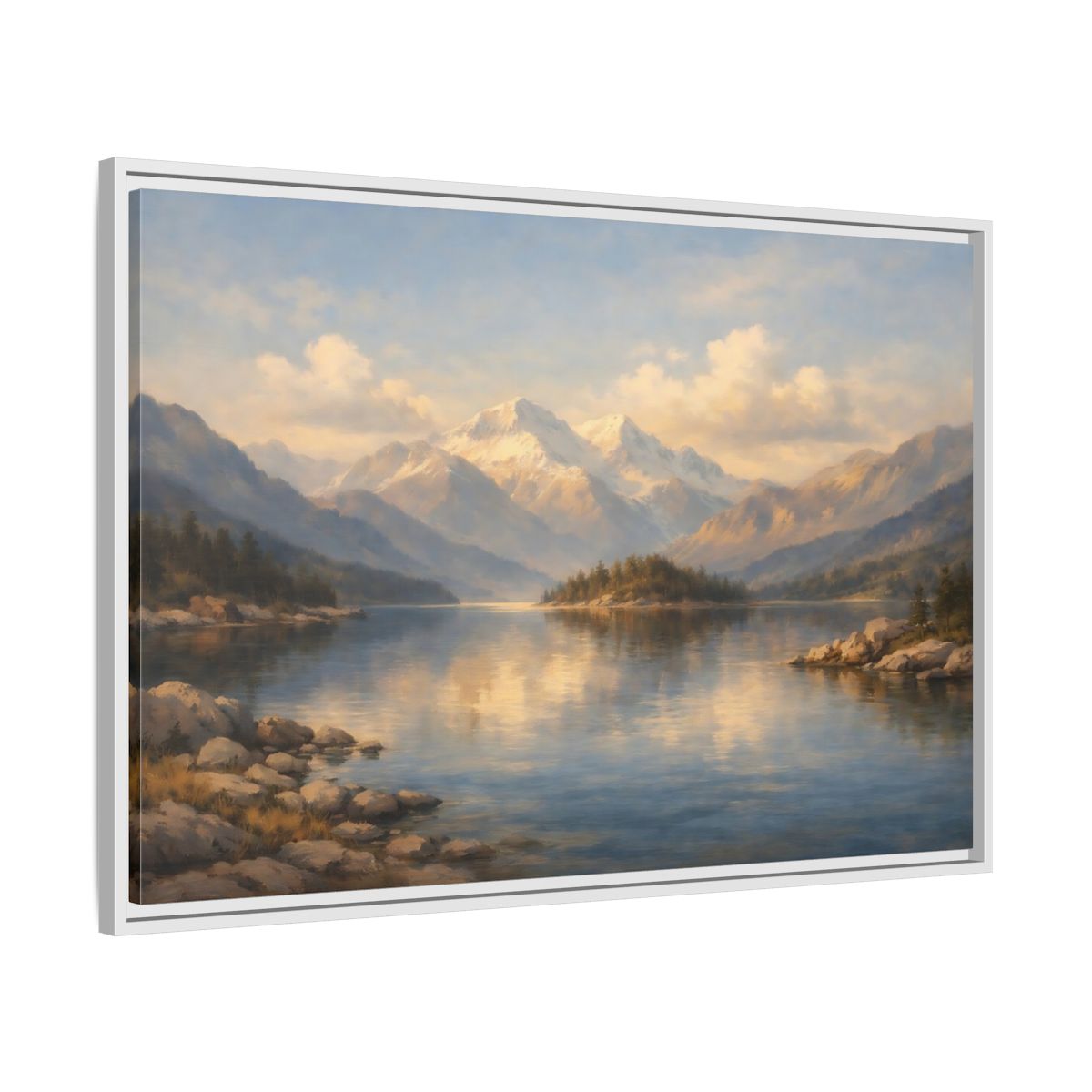 Side Mockup 8. Nature Mountain Lake Mountain Lake Landscape shown as stretched canvas wall art