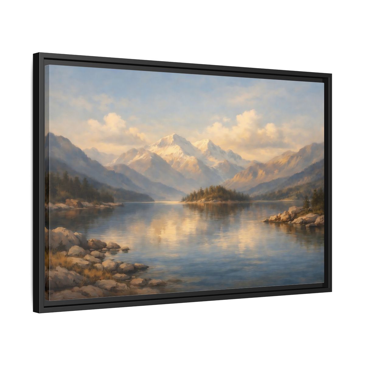 Side Mockup 14. Nature Mountain Lake Mountain Lake Landscape shown as stretched canvas wall art