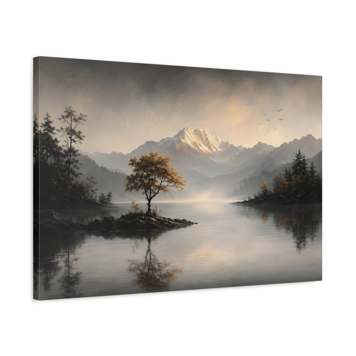 Side Mockup 2. Nature Mountain Lake Misty Mountain Lake shown as stretched canvas wall art