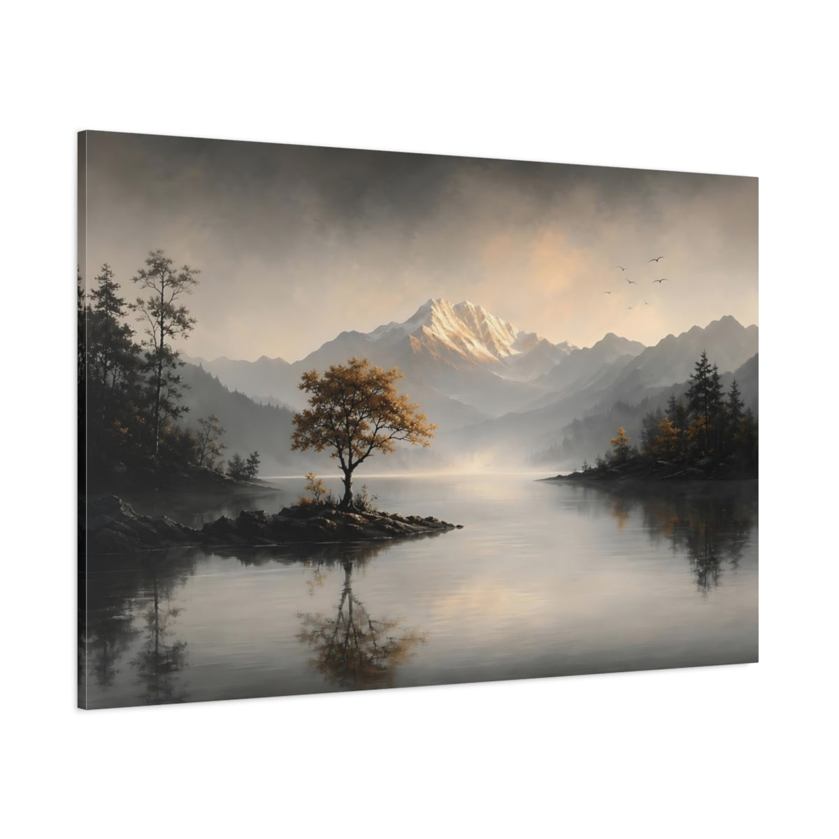 Side Mockup 1. Nature Mountain Lake Misty Mountain Lake shown as stretched canvas wall art