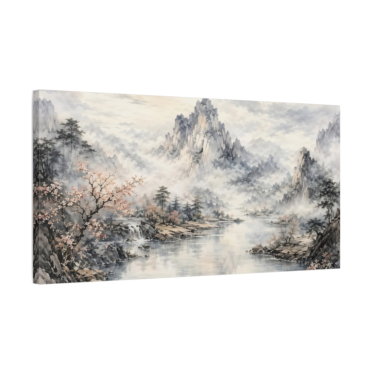 Side Mockup 1. Nature Mountain Lake Misty Mountain Lake shown as stretched canvas wall art