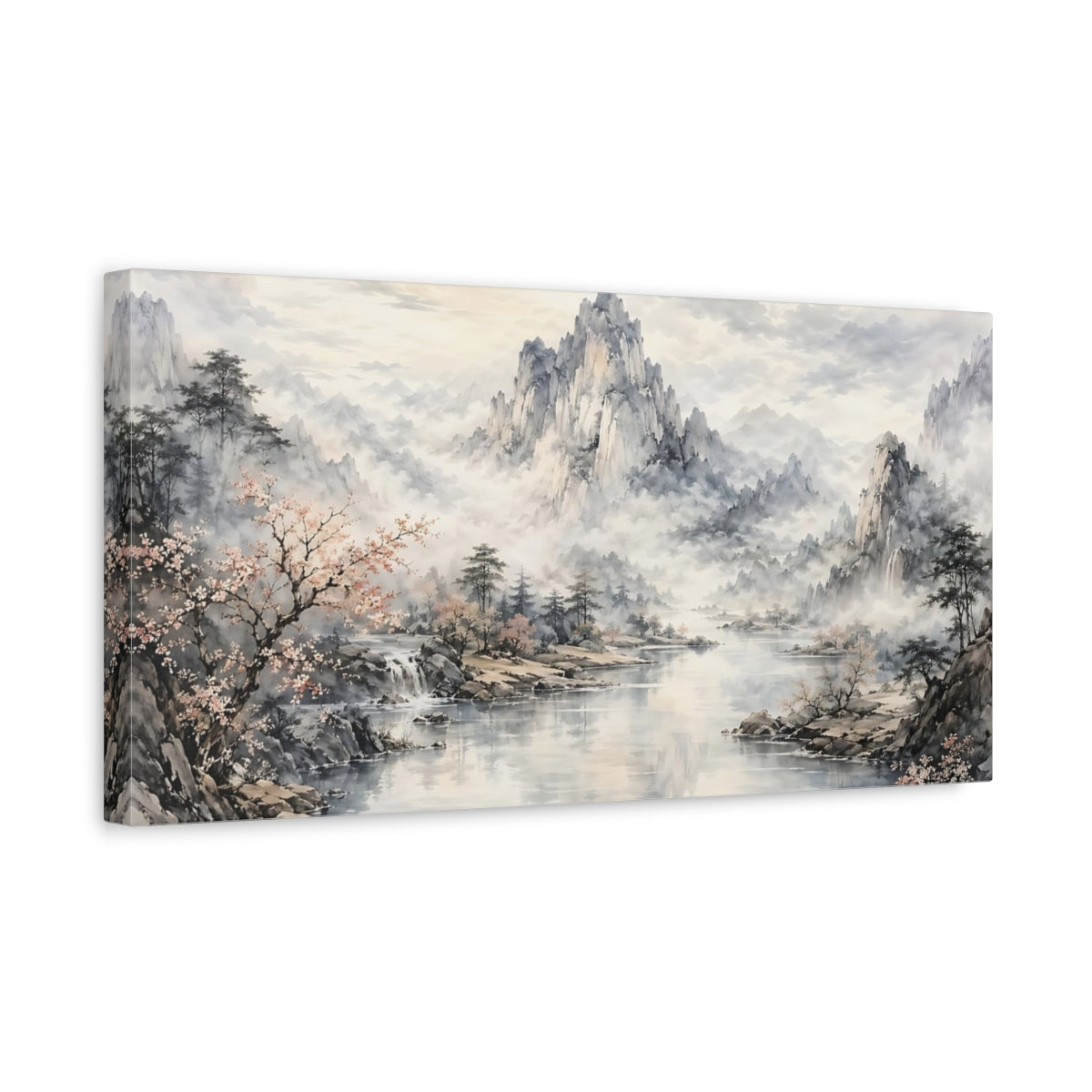 Side Mockup 3. Nature Mountain Lake Misty Mountain Lake shown as stretched canvas wall art