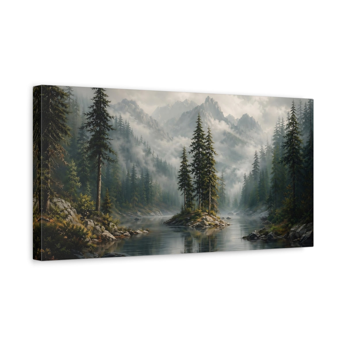 Side Mockup 3. Nature Mountain Lake Misty Mountain Lake shown as stretched canvas wall art