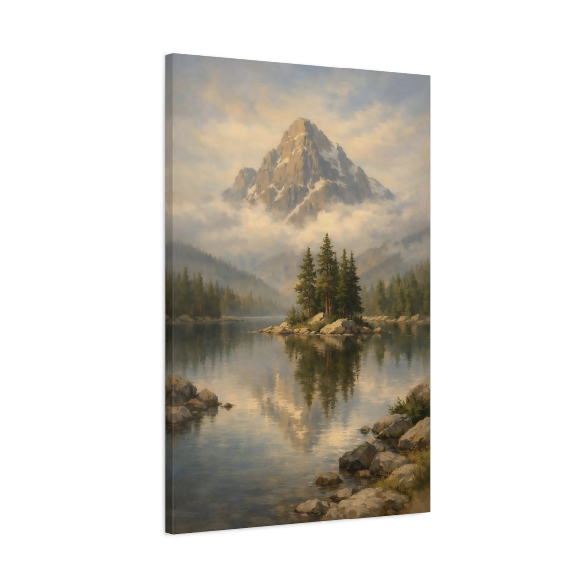 Side Mockup 1. Nature Mountain Lake Misty Mountain Lake shown as stretched canvas wall art
