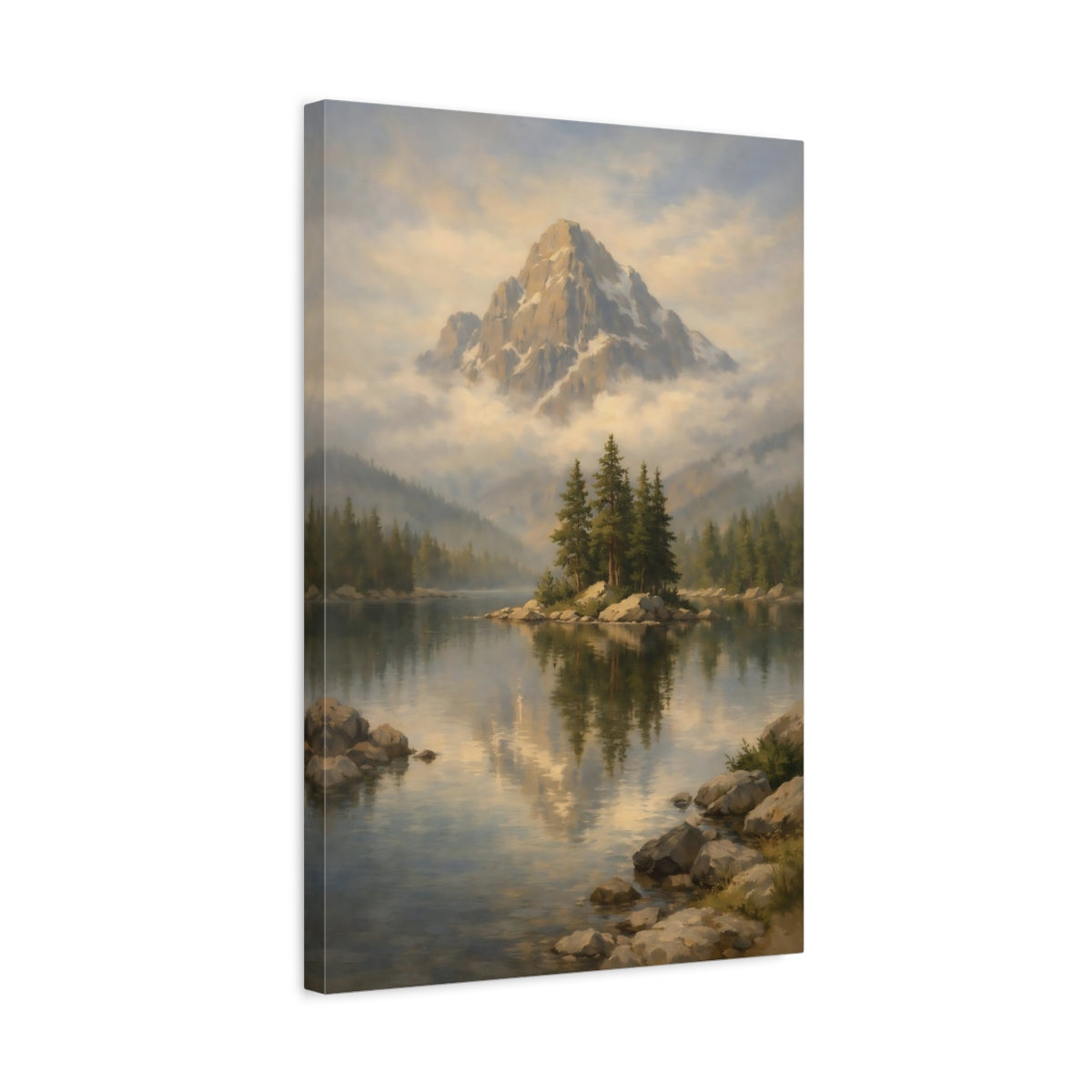 Side Mockup 3. Nature Mountain Lake Misty Mountain Lake shown as stretched canvas wall art