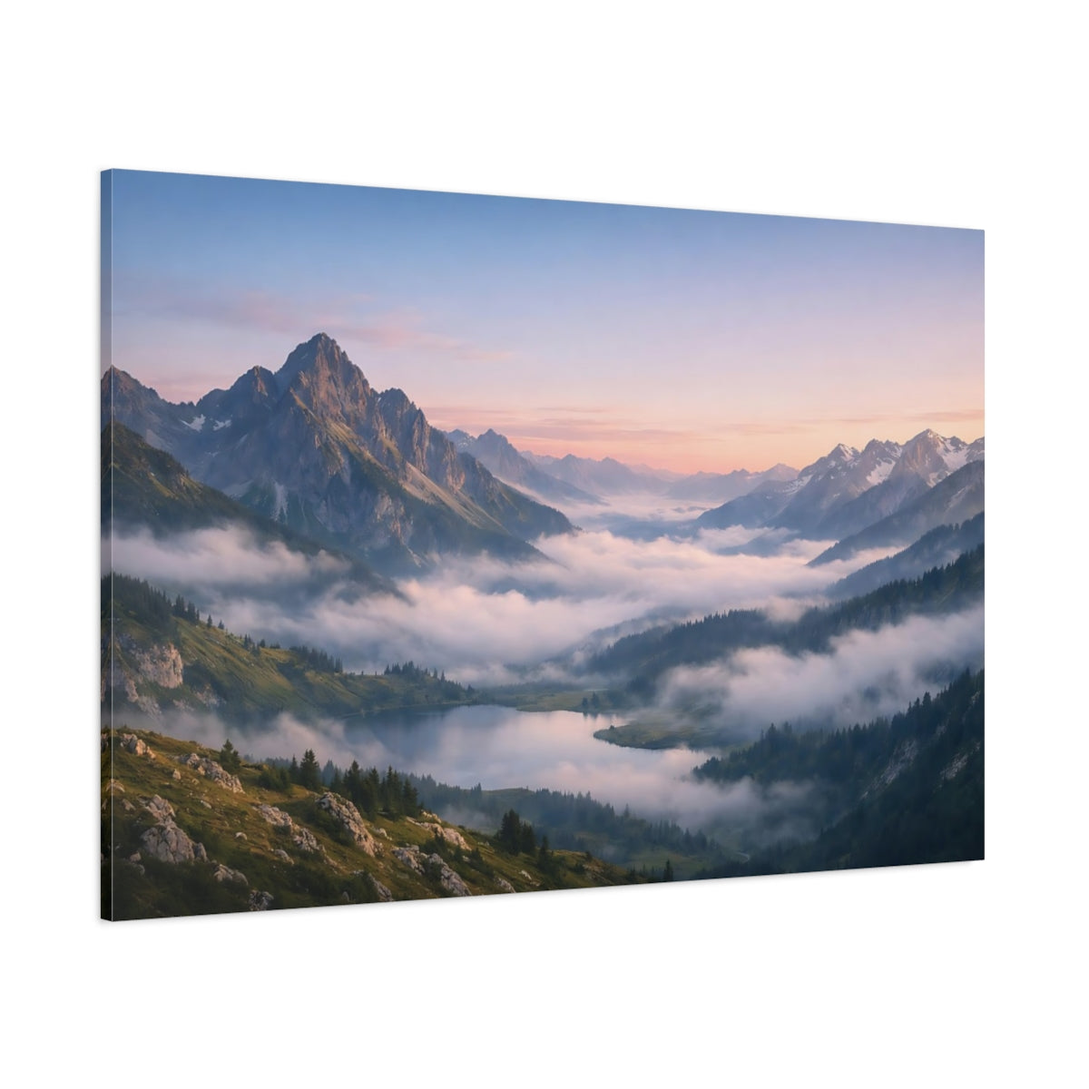 Side Mockup 1. Nature Mountain Lake Misty Mountain Lake shown as stretched canvas wall art
