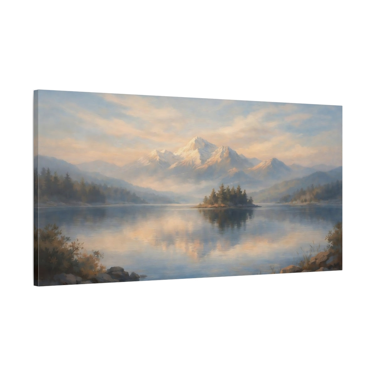 Side Mockup 1. Nature Mountain Lake Misty Mountain Lake shown as stretched canvas wall art