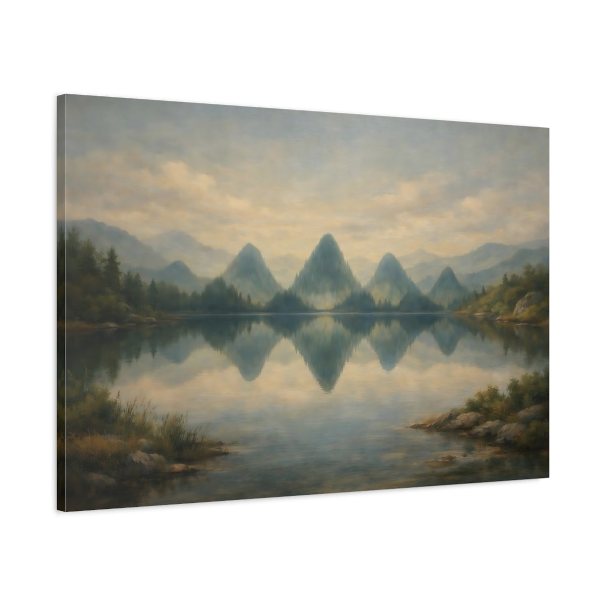 Side Mockup 1. Nature Mountain Lake Misty Mountain Lake shown as stretched canvas wall art