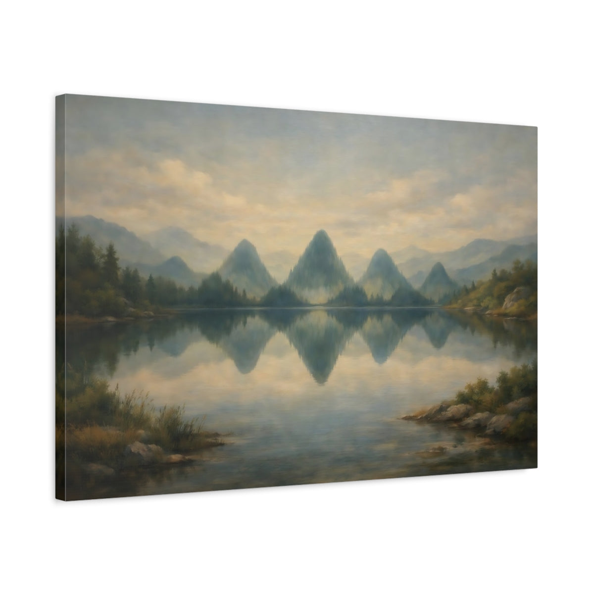 Side Mockup 2. Nature Mountain Lake Misty Mountain Lake shown as stretched canvas wall art