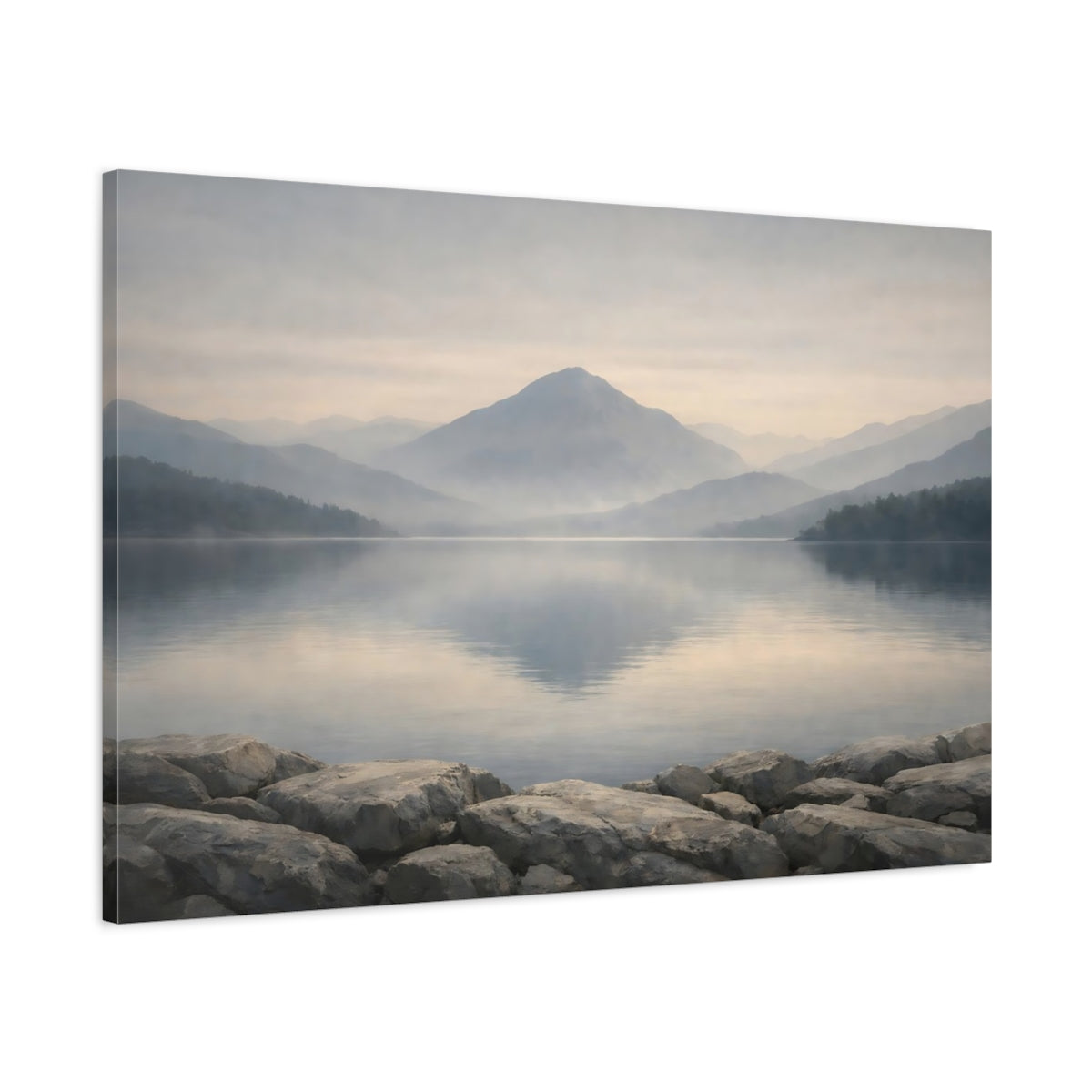 Side Mockup 1. Nature Mountain Lake Misty Mountain Lake shown as stretched canvas wall art