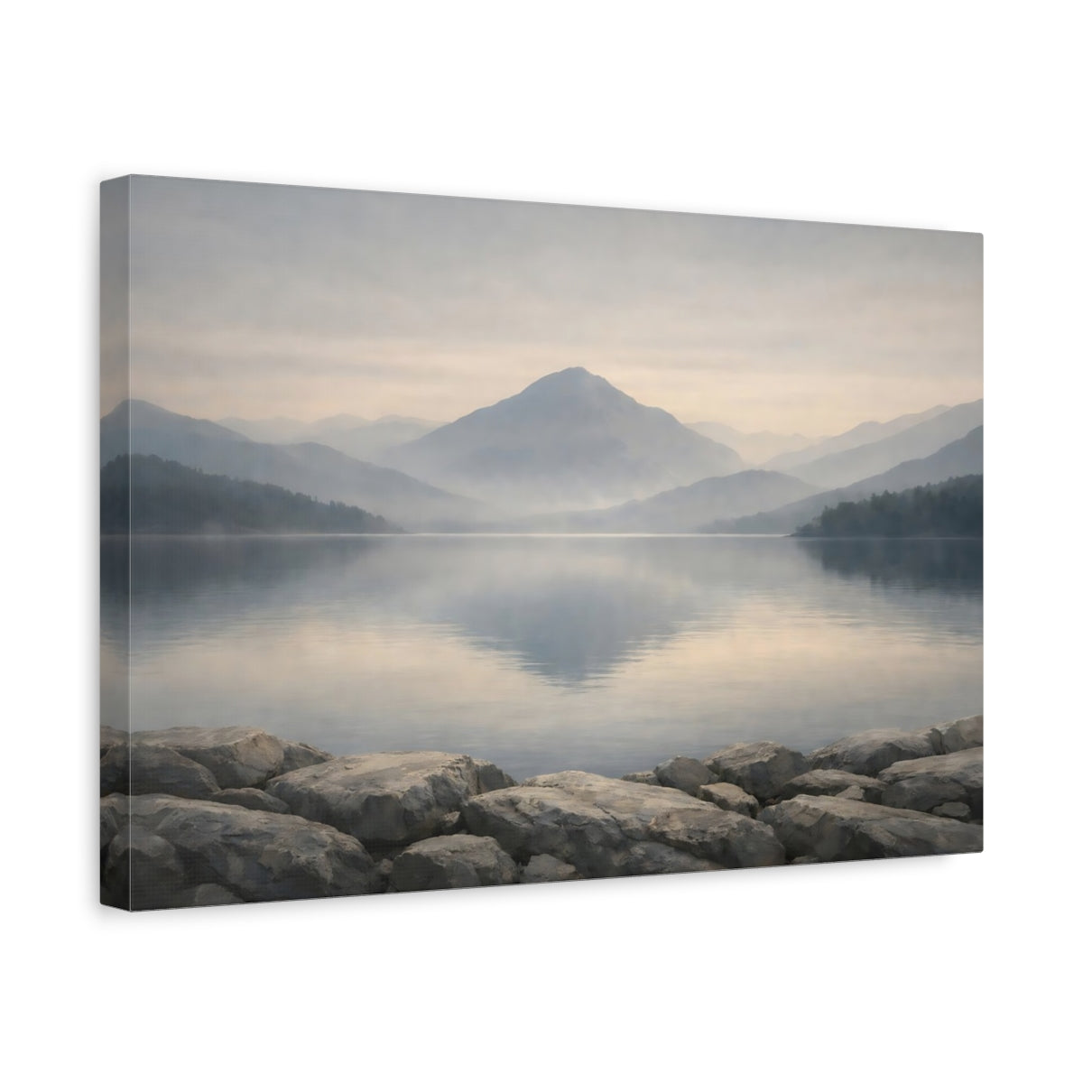 Side Mockup 4. Nature Mountain Lake Misty Mountain Lake shown as stretched canvas wall art
