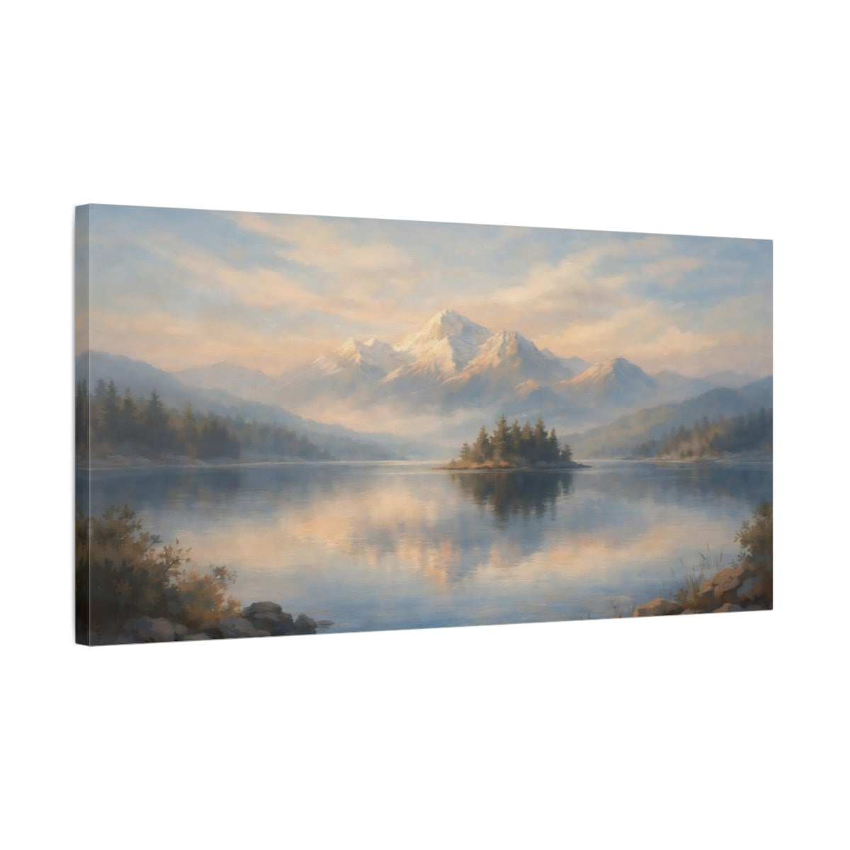 Side Mockup 2. Nature Mountain Lake Misty Mountain Lake shown as stretched canvas wall art