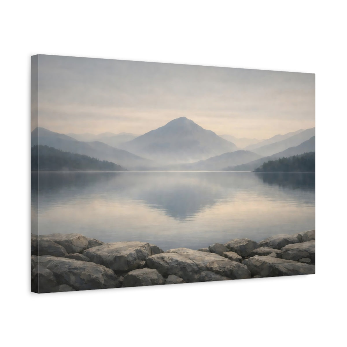Side Mockup 3. Nature Mountain Lake Misty Mountain Lake shown as stretched canvas wall art