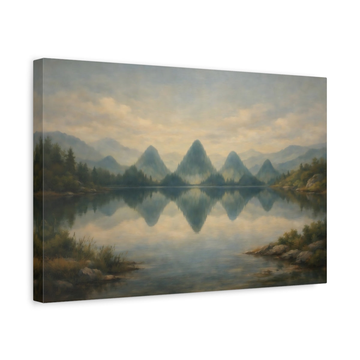 Side Mockup 4. Nature Mountain Lake Misty Mountain Lake shown as stretched canvas wall art
