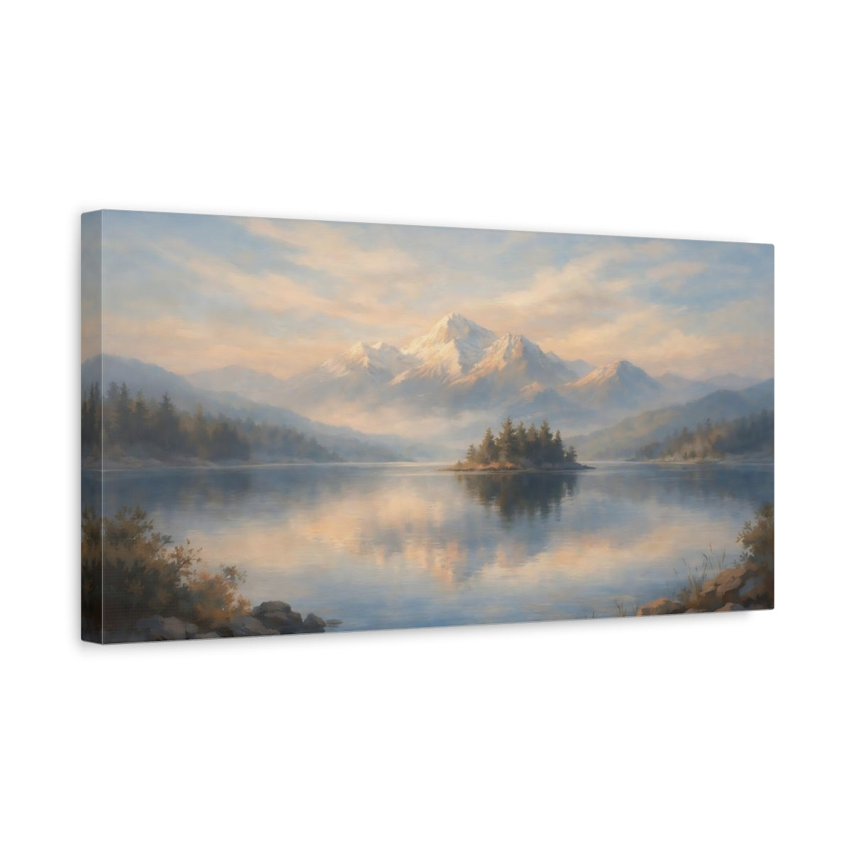 Side Mockup 3. Nature Mountain Lake Misty Mountain Lake shown as stretched canvas wall art