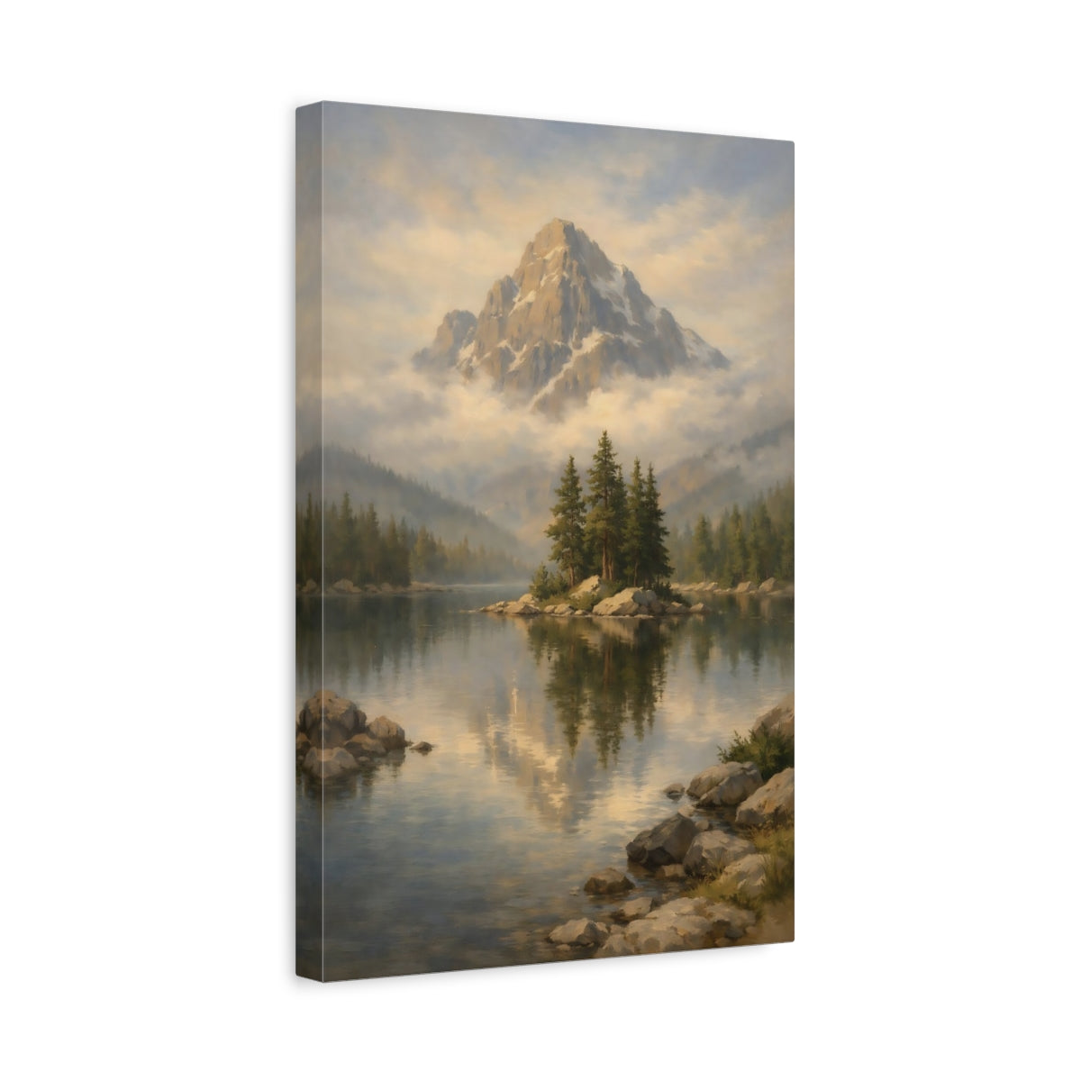 Side Mockup 4. Nature Mountain Lake Misty Mountain Lake shown as stretched canvas wall art