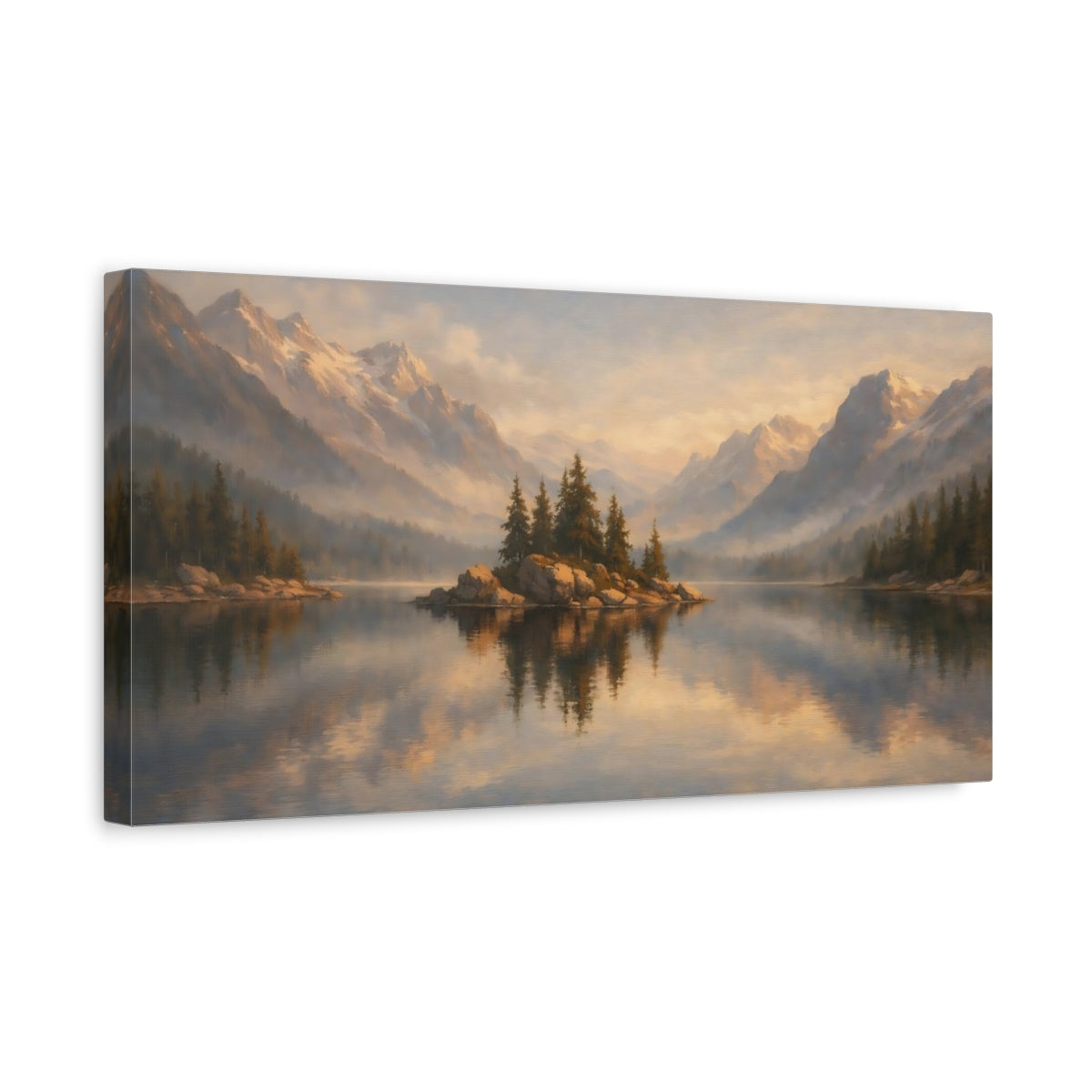 Side Mockup 3. Nature Mountain Lake Misty Mountain Lake shown as stretched canvas wall art