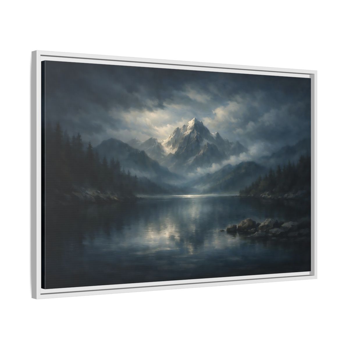 Side Mockup 8. Nature Mountain Lake Misty Mountain Lake shown as stretched canvas wall art