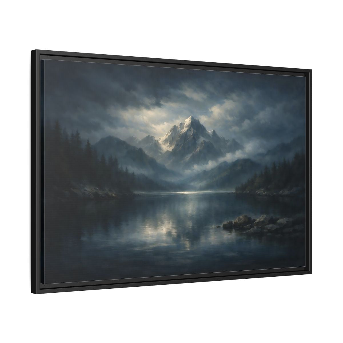 Side Mockup 13. Nature Mountain Lake Misty Mountain Lake shown as stretched canvas wall art