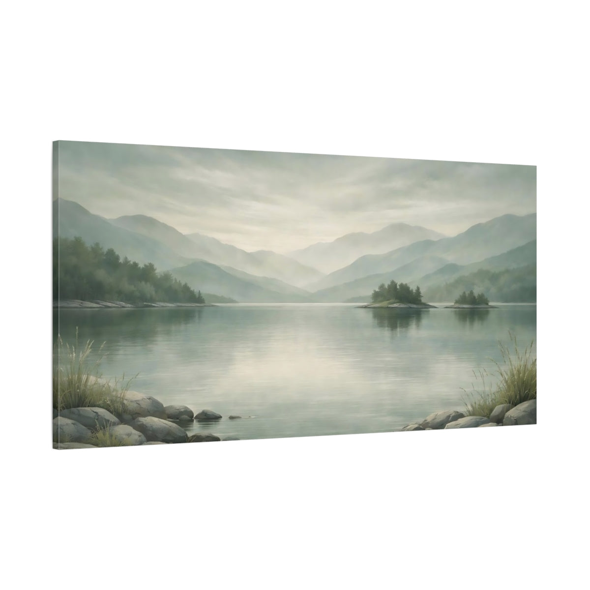 Main Mockup. Nature Mountain Lake Misty Green Landscape shown as stretched canvas wall art